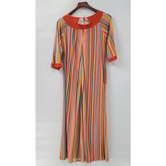 VTG Sears 70s Multicolor Striped House Coat Small Orange Robe Keyhole Back - Picture 9 of 16